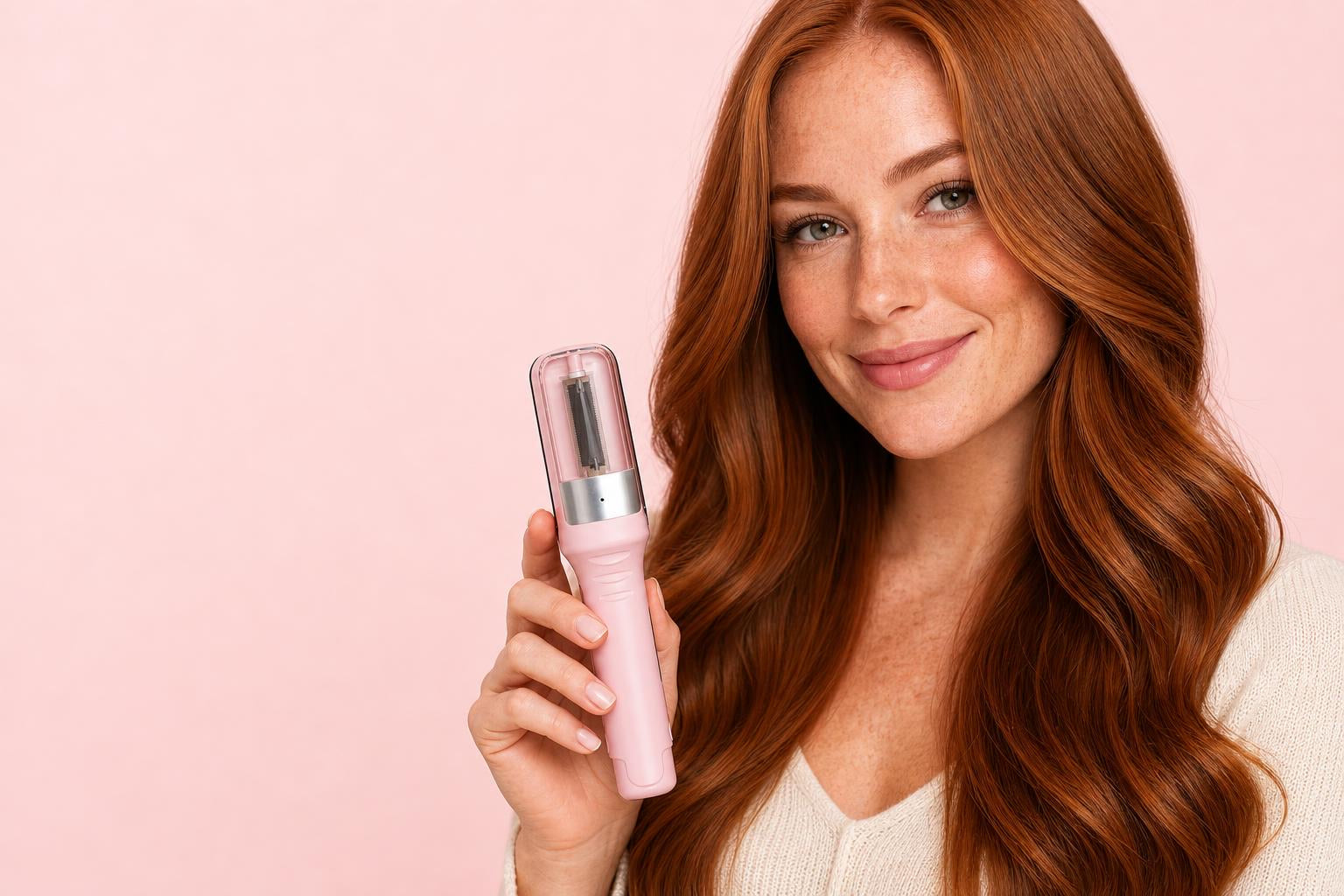 Smiling woman with long red hair holding the pink SmoothEnds trimmer