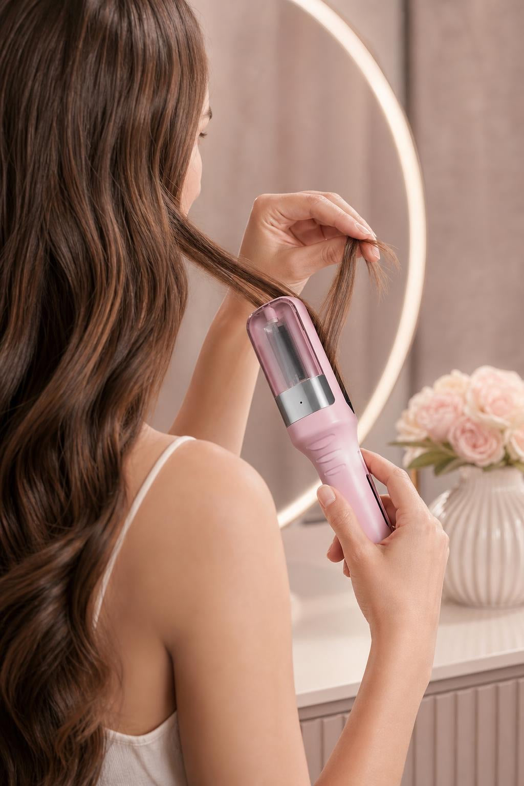 Woman sectioning her hair before using the trimmer