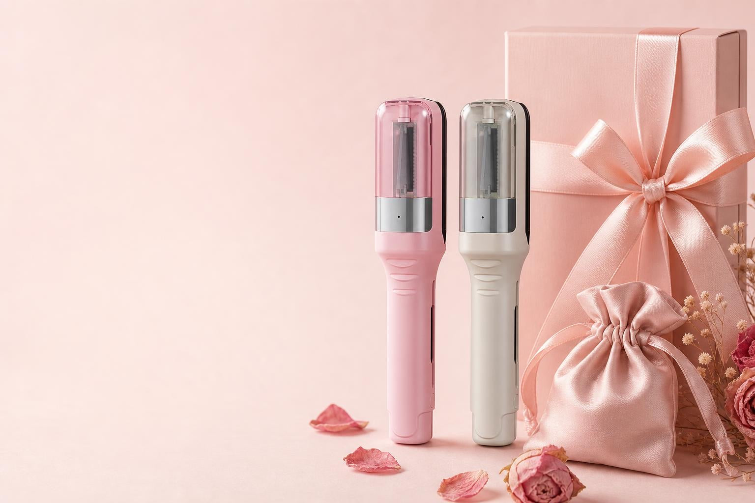Two SmoothEnds trimmers in pink and off-white next to a gift box